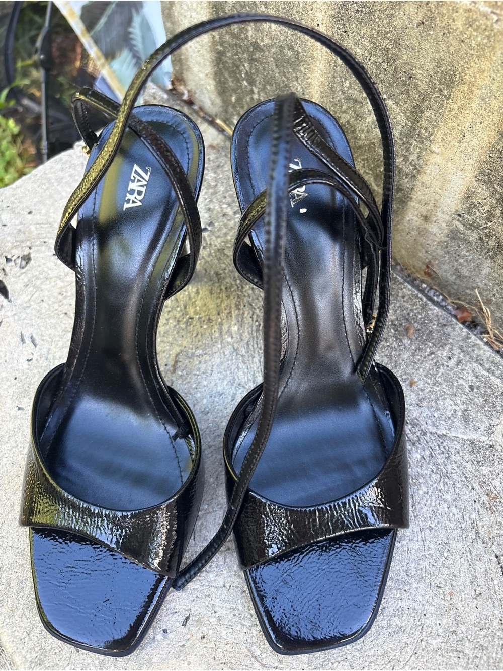 ZARA Black Patent Square-Toe Strappy Heels